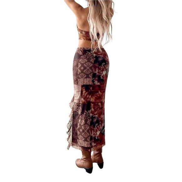 Women's 2pc Boho Western Tie Dye Backless Top & Split Thigh Skirt Outfit - Picture 5 of 16